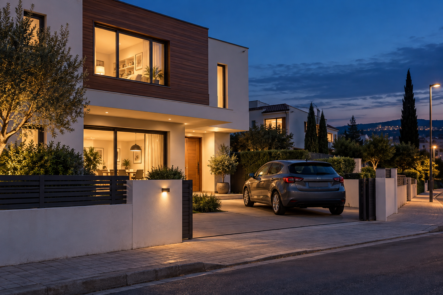 Vivienda familiar y automóvil al atardecer